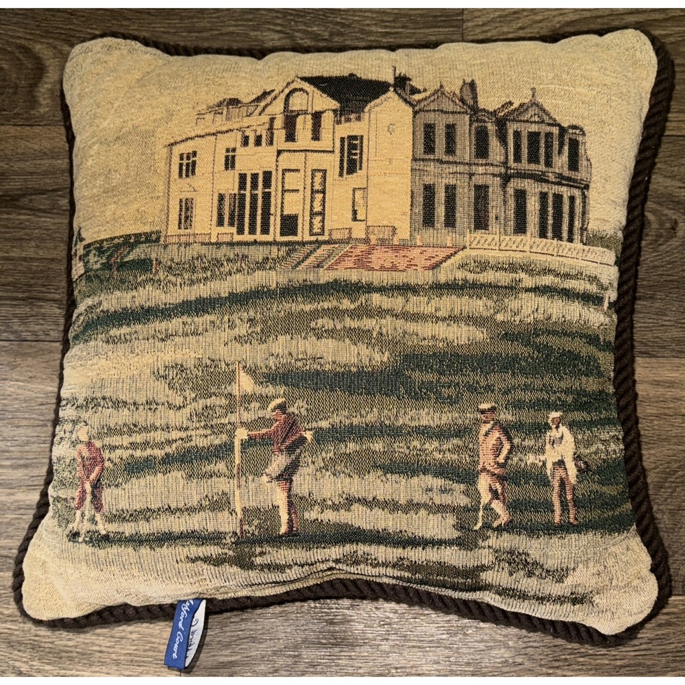 Vtg Ashford Court Jacquard Corded Golf At The Estate Accent Pillow 16 X 16"